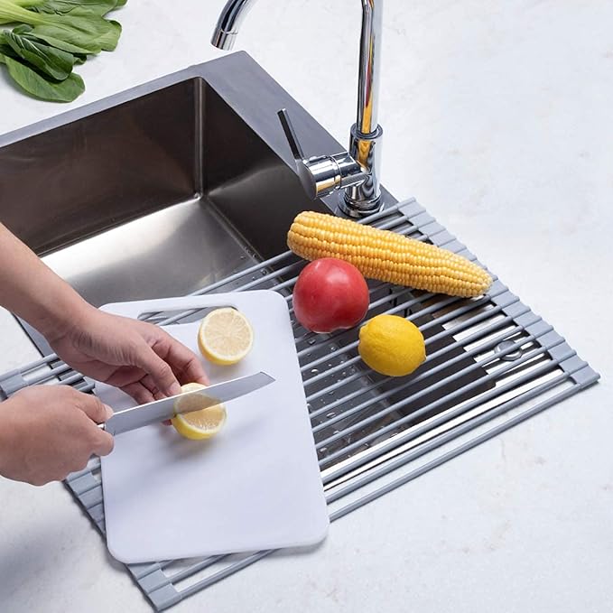Ahyuan Large Roll up Dish Drying Rack Silicone Foldable Rack Over Sink Dishes Drainer Roll-up Sink Drying Racks Full Silicone Coated Stainless Still Dish Drying Rack (Warm Grey, 17.7''X13.13'')