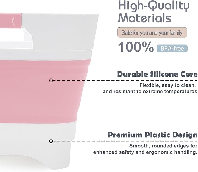 2.4 Gal Collapsible Wash Basin with Drain Plug, Space-Saving Portable Wash Tub, 9L Dish Pan for Soaking Baby Bottles and Pump Parts, Versatile Dish tub for Kitchen, RV, Outdoor Camping Sink (Pink)-NeatNest