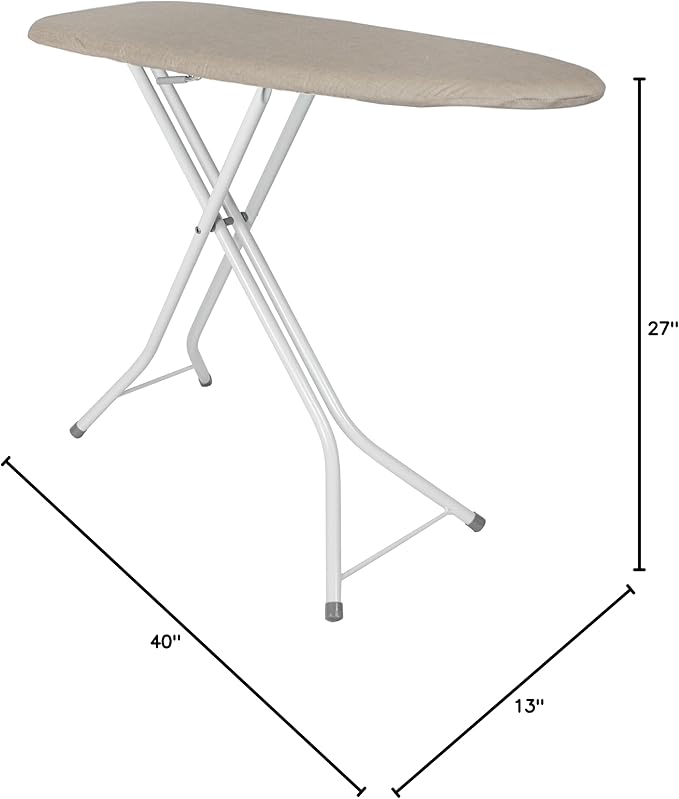 40" Foldable Ironing Board – Compact, Space-Saving Stand w/Adjustable Height – Sturdy Ironing Table w/Collapsible Y-Legs & Cover for Clothes - (Khaki Cover/White Legs)