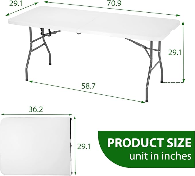 6 Foot Folding Table Small Table Multipurpose Indoor Outdoor Heavy Duty Camping Table Portable Picnic Table Fold-in-Half Utility Dining Table Lock for Picnic, Party, Camping,White-NeatNest
