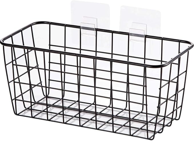 2 Set Hanging Wall Basket Organizer Over the Cabinet Door Wire Baskets for Organizing -No Drilling Adhesive Wall Storage Basket, Space-Saving Hanging Baskets for Organizing Wall Mount Storage,Black-NeatNest