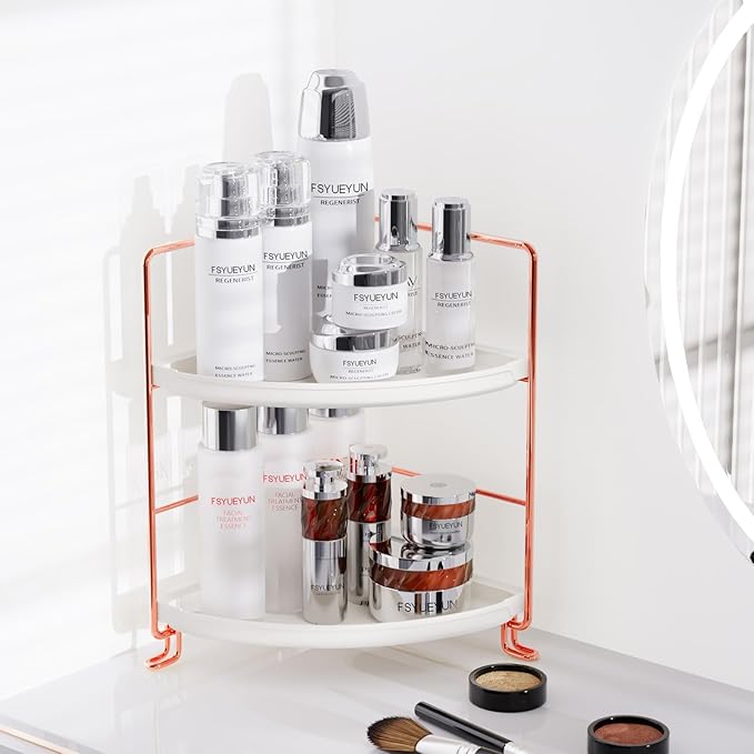 FSyueyun 2-Tier Corner Bathroom Counter Organizer, Tool-Less Installation Vanity Shelf Small Plastics Countertop Makeup Tray Skincare Perfume Organizers (Rose Gold)-NeatNest