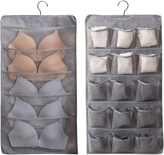 AARAINBOW Hanging Bra Organizer with Pockets, Hanging Sock Organizer, Dual Sided Hanging Closet Underwear Storage Holder for Lingerie, Panty Tie (20 Pockets, Gray)-NeatNest