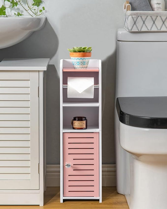 AOJEZOR Toilet Paper Holder Stand: Small Bathroom Storage Cabinet Mini - Rose Dawn/White-NeatNest