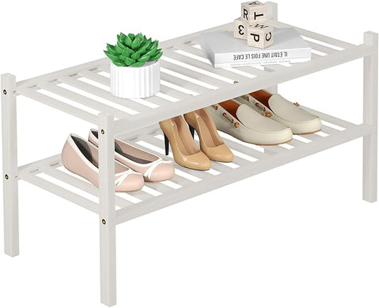 2 Tier Bamboo Shoe Rack for Closet Free Standing Wood Shoe Shelf for Entryway Small Space Stackable 27"x11"x13" (White)-NeatNest