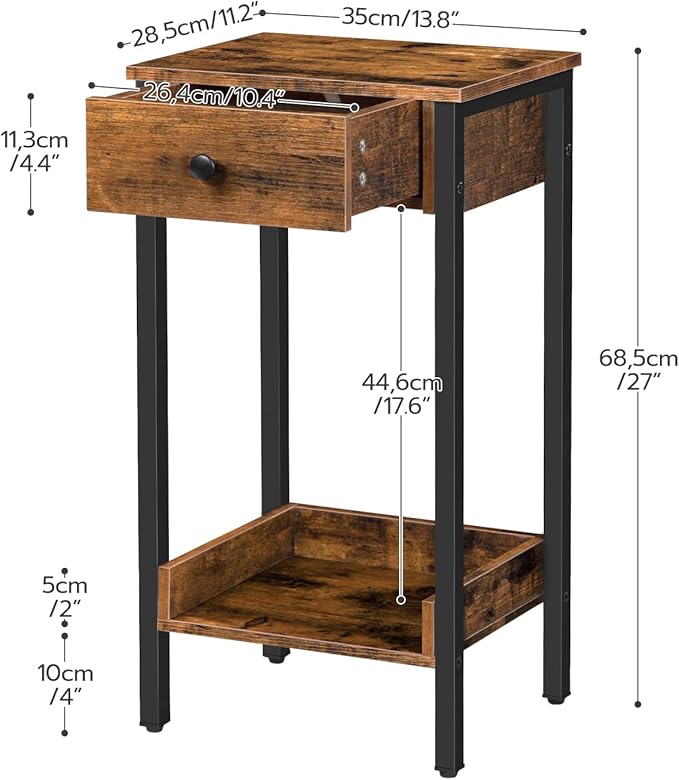 HOOBRO Tall End Table, Nightstand, Industrial Side Table with Drawer and Storage Shelf, for Study, Bedroom, Space Saving, Rustic Brown and Black BF71BZ01