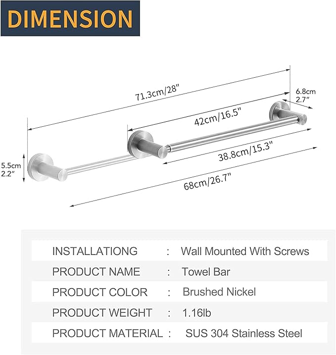 BESy Adjustable 15 to 26 Inch Single Bath Towel Bar for Bathroom SUS304 Stainless Steel Towel Holder, Wall Mount with Screws Hand Towel Bar Rod Hotel Style, Brushed Nickel-NeatNest