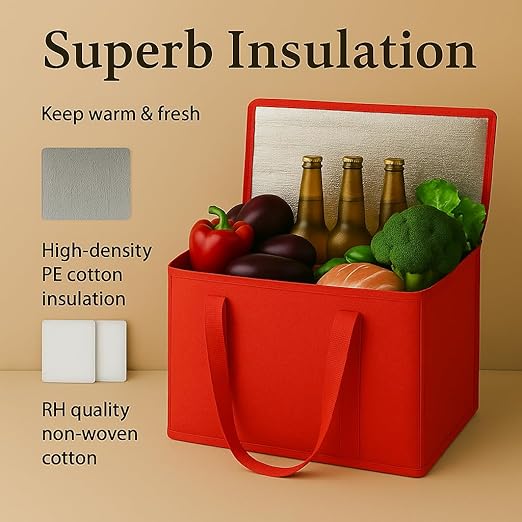 2Pk Insulated Reusable Grocery Bags, Collapsible Cooler Bag for Groceries, Heavy Duty Large Insulated Bag (Large, Bright Red)-NeatNest