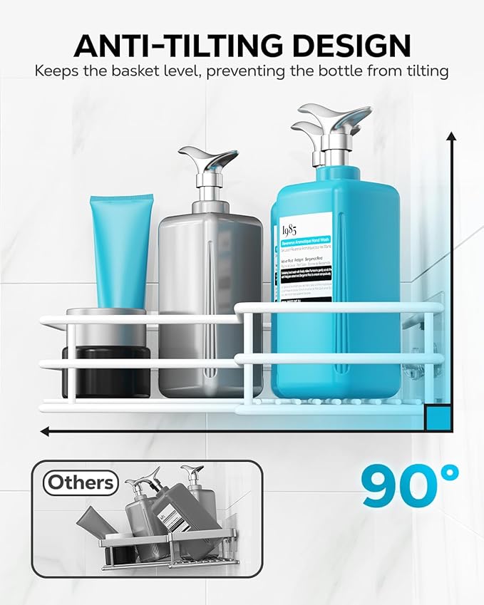 Nieifi Adhesive Corner Shower Caddy Shelf Basket Rack with Hooks, Rust Proof Stainless Steel Bathroom Shelf Shampoo Holder No Drilling (White)