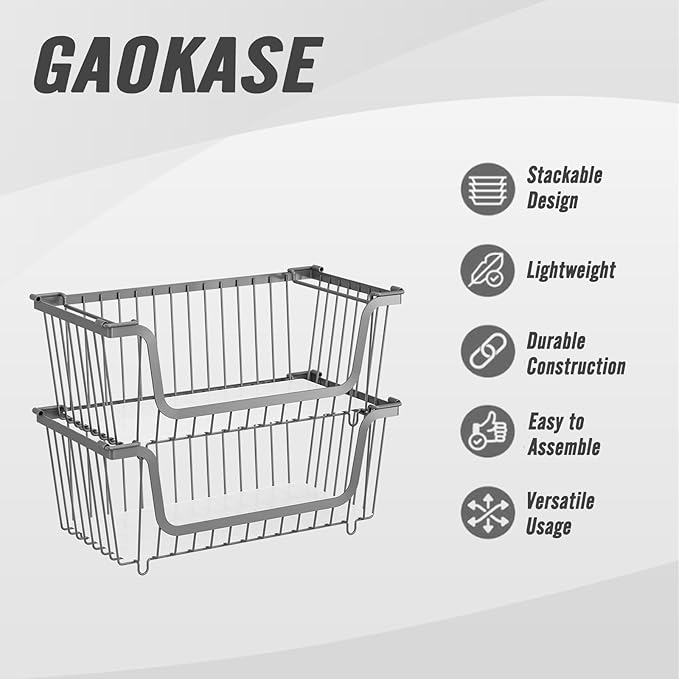 4 Pcs Stackable Wire Baskets for Pantry Organizers and Storage,Vegetable Fruit Basket for Countertop,Kitchen Storage Metal Baskets,Produce Potato Onion Storage Bin,Gray