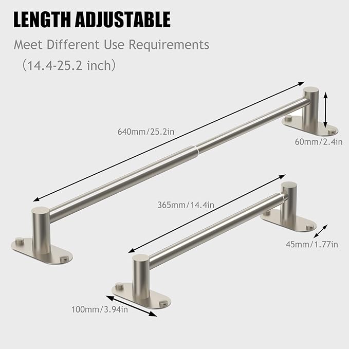 Towel Bar, Adjustable 14.4inch - 25.2inch Towel Rack, Self Adhesive & Wall Mounted for Bathroom Kitchen Hand Towel Holder Cloths SUS 304 Stainless Steel Organizer Single Bar Nickel Brushed