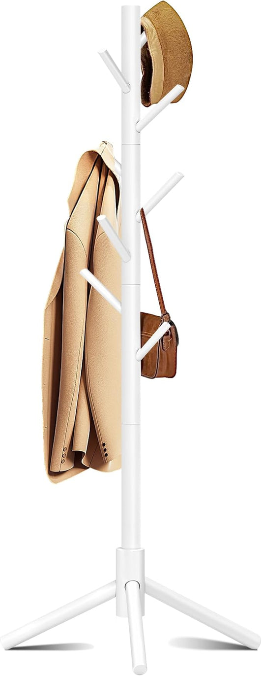 Wooden Coat Rack, Free Standing Coat Rack with 8 Hooks 3 Adjustable Heights for Clothes, Hats, Handbags, Coat Tree Easy Assembly for Entryway, Bedroom, Hallway, Office (New White)-NeatNest