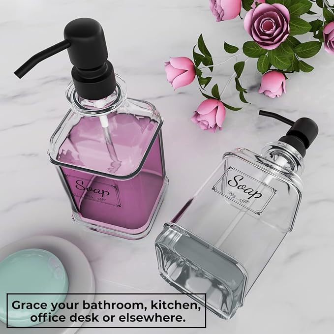 GLADPURE 2 Pack Soap Dispenser, 18 Oz Antique Design Thick Glass Hand Dispensers; with 304 Rust Proof Stainless Steel Pump, 6Pcs Clear Stickers, for Kitchen, Bathroom- Black-NeatNest