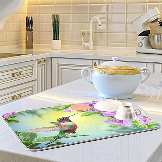 Hummingbird Dish Drying Mat Absorbent Kitchen Pads for Counter Kitchen Dish Dryer 16 x 18 Mat under Dish Drainer