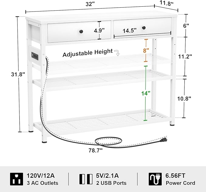 Ecoprsio Entryway Table with Outlets and USB Ports, Console Table with 2 Drawers, Small Sofa Table with Storage Shelves for Living Room, Couch, Hallway, Foyer, Kitchen Counter, 32'', White-NeatNest