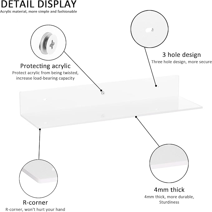 20 Inches Acrylic Wall Shelves 2 Pack, Floating Shelf for Wall Mounting, Acrylic Display Ledges for Funko Pop Figures, Home Décor, Living Room, Gaming Room, Plants(20 inch, White)-NeatNest
