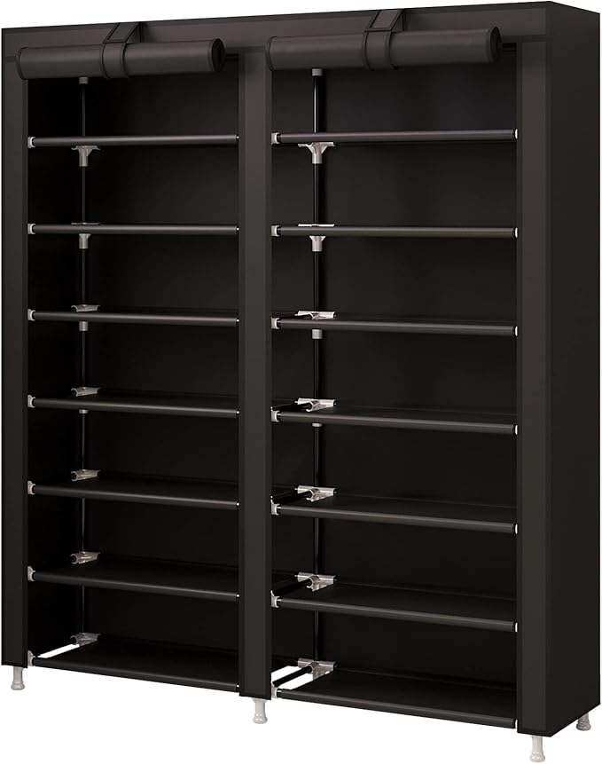 MOYIPIN Shoe Rack Storage Organizer, Double Row Portable Nonwoven Fabric Cover Shoe Rack Holds up to 28 Pairs 36.2 x 11.2 x49.2 Inches Black-NeatNest