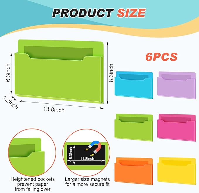 Fuutreo 6 Pcs Magnetic Wall File Organizer Magnetic Wall File Holder Refrigerator Magazine Holder for Mail Letters Paper(Bright Color,8.3 x 13.8 Inch,Horizontal)