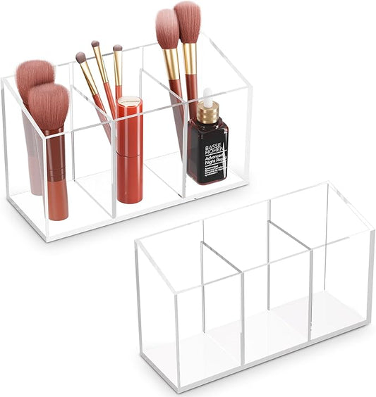 Acina 2PCS Clear Makeup Brush Holder Organizer Acrylic 3-Slots Cosmetic Brushes Storage Organizer for Vanity Countertop
