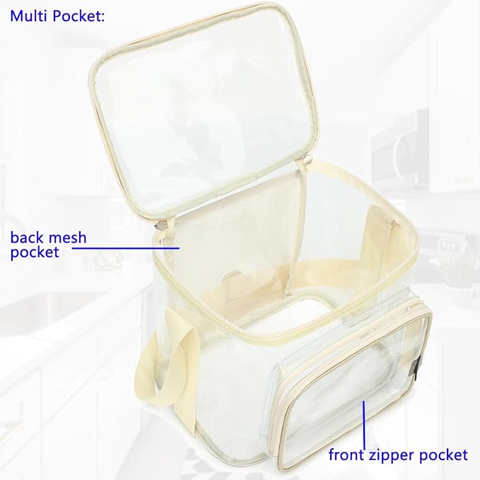FlowFly Insulated Reusable Lunch Bag Adult Large Lunch Box for Women and Men with Adjustable Shoulder Strap,Front Zipper Pocket and Dual Large Mesh Side Pockets,Clear#Biege-NeatNest