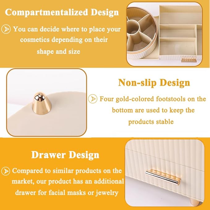 Makeup Organizer Countertop with Drawer 360 Rotating Brush Holder Storage Large Capacity Skincare Cosmetic Display Cases for Vanity Bathroom Desktop, Model 3016 White-NeatNest