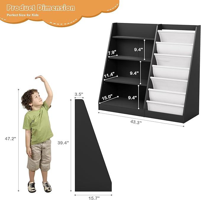 Black Kids Bookshelf Wood Toy Storage Organizer Cabinet Children Bookcase Toddler Baby Sling Book Rack Adjustable Shelf for Playroom Bedroom Nursery Hallway School Kindergarten-NeatNest