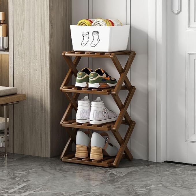 Shoe Rack, Bamboo Foldable Shoes Organizer Free Standing Shelf for Entryway, Closet, Bedroom, Hallway, | Natural | Functional | Multifunctional Shoe Rack (Wood Color) 4 Layers-NeatNest