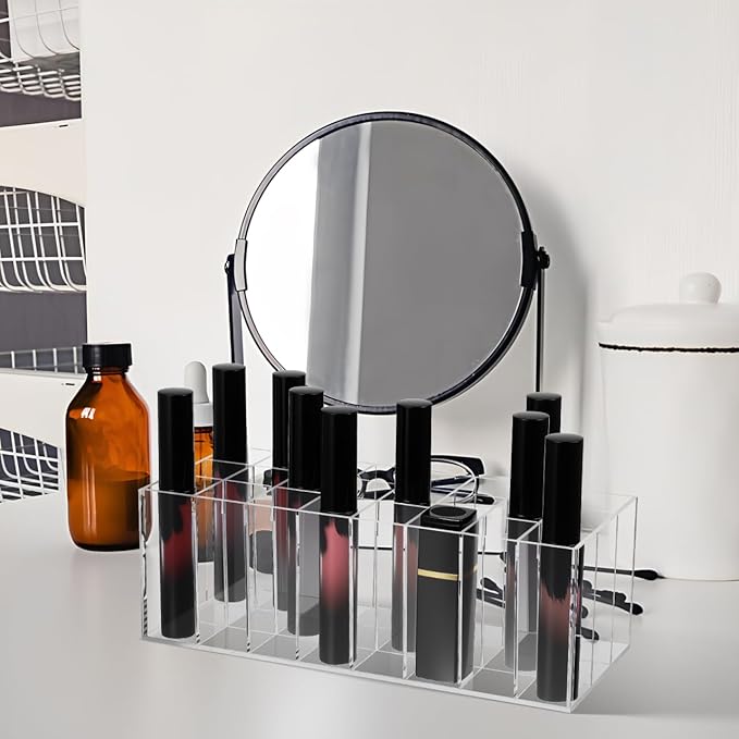 24-Slot Acrylic Lipstick Organizer - Transparent Makeup Storage Case for Lip Gloss Brushes and Cosmetics - Stylish Desktop Display Rack-NeatNest