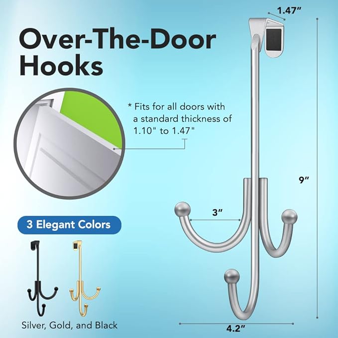 2-Pack Over The Door Hook - with 3 Hang Heads & Snug Fit Pads- 2Pcs Heavy Duty Hooks for Hanging Coats, Towels, Caps & Robes - Elegant Matt Finish - No Drill Hanger Organizer - Silver