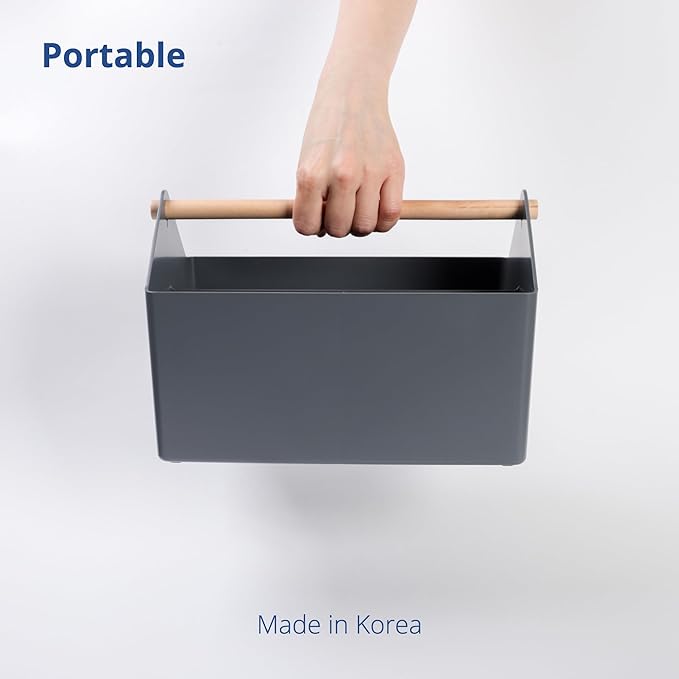 BLUE GINKGO Medium Storage Basket – Plastic Caddy with Wooden Handle for Office, Arts & Crafts, or Home Supplies (Gray)-NeatNest