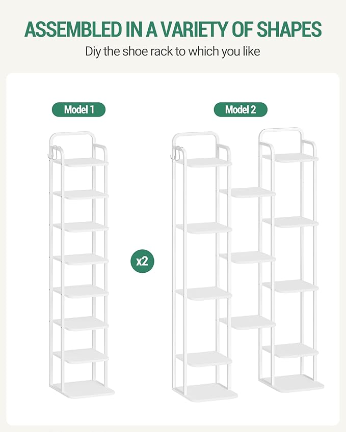 8 Tiers Vertical Shoe Rack, Narrow Shoe Tower, Tall Shoes Shelf with 2 Hooks, Adjustable Shelves, Corner Shoes Shelves for Small Spaces, Entryway, Living Room, White SR04313W-NeatNest