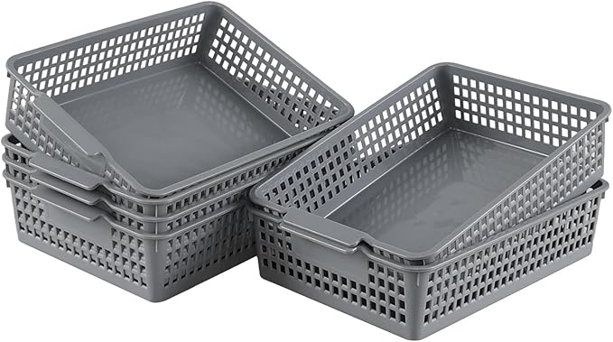 6 Packs Plastic Storage Baskets, Paper Organizer Baskets, Shallow Storage Basket Trays, Grey-NeatNest