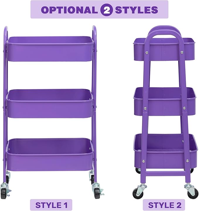 AGTEK Makeup Cart, Movable Rolling Organizer Cart, 3 Tier Metal Utility Cart with Lockable Wheels for Home & Office, Violet-NeatNest