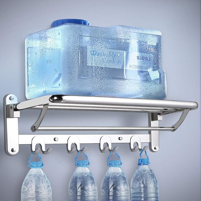HOONEX Foldable Towel Rack for Bathroom Wall Mounted, 24 Inch Towel Shelf with Towel Hooks and Adjustable Towel Bar, 304 Stainless Towel Holder, Polished Silver