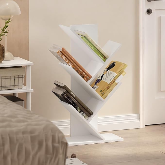Furinno Tree Bookshelf 5-Tier Floor Standing Tree Bookcase, White-NeatNest