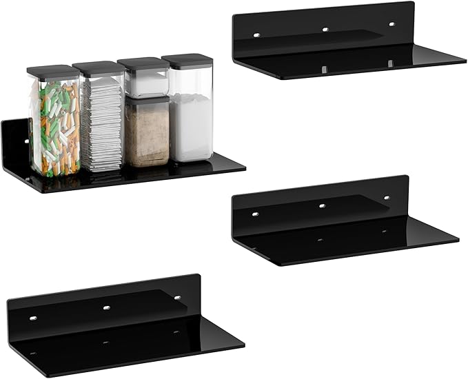 12 Inches Black Wall Shelves Set of 4, Acrylic Floating Shelf for Wall, Wall Mounted Display Shelf for Bedroom, Living Room, Funko Pop Shelves, Smart Speaker, 4 Pack-NeatNest