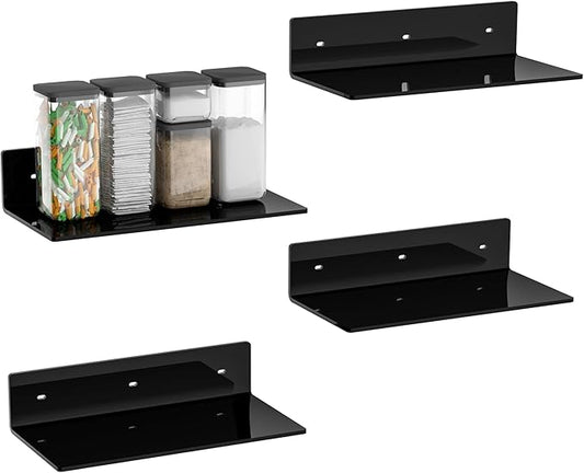 12 Inches Black Wall Shelves Set of 4, Acrylic Floating Shelf for Wall, Wall Mounted Display Shelf for Bedroom, Living Room, Funko Pop Shelves, Smart Speaker, 4 Pack-NeatNest