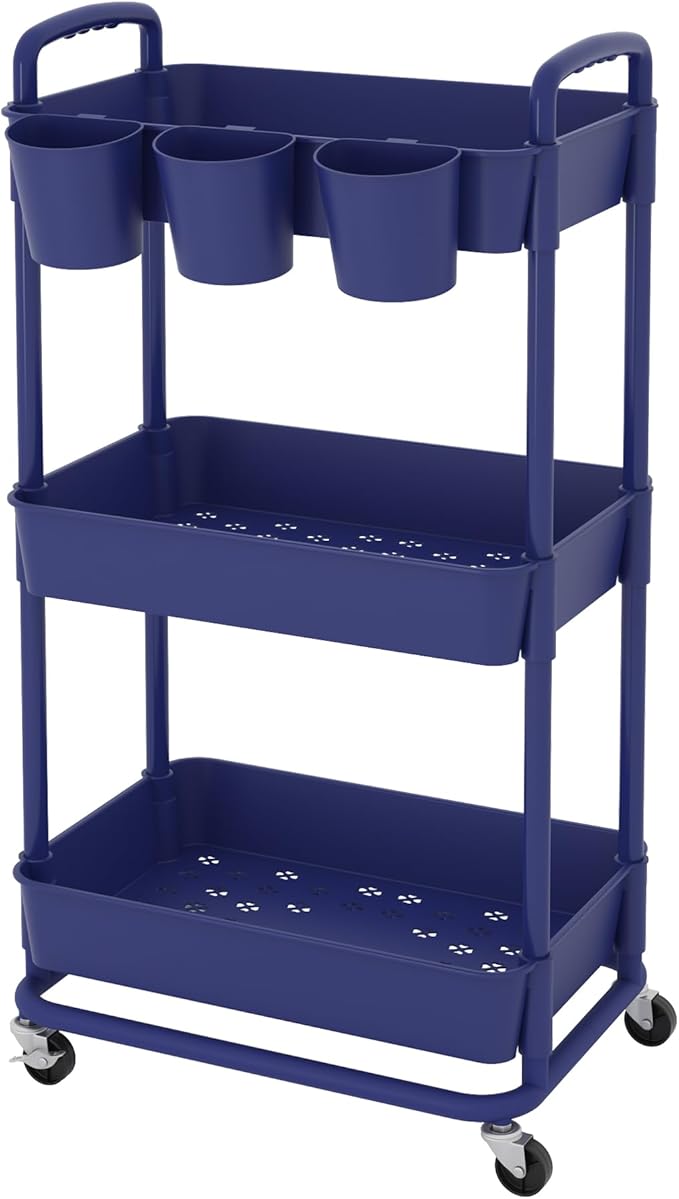 JIUYOTREE 3-Tier Plastic Rolling Storage Cart Utility Cart with Extra Hanging Cups Handles Lockable Wheels for Living Room Bathroom Kitchen Office Blue-NeatNest
