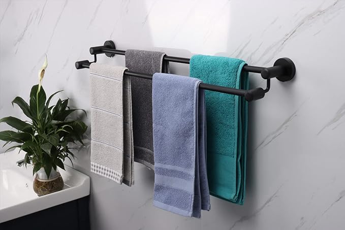 TocTen Double Bath Towel Bar - Thicken SUS304 Stainless Steel Towel Rack for Bathroom, Bathroom Accessories Double Towel Rod Heavy Duty Wall Mounted Towel Holder (Black, 30IN)