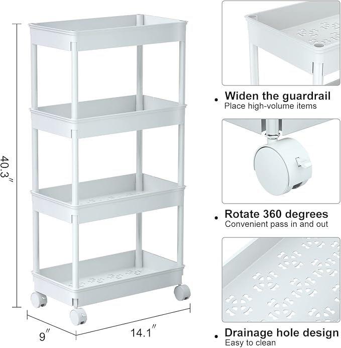 Sooyee 4 Tier Wide Storage Cart Mobile Shelving Unit Organizer Slide Out Storage Rolling Utility Cart Tower Rack for Kitchen Bathroom Laundry, Plastic & Stainless Steel,White