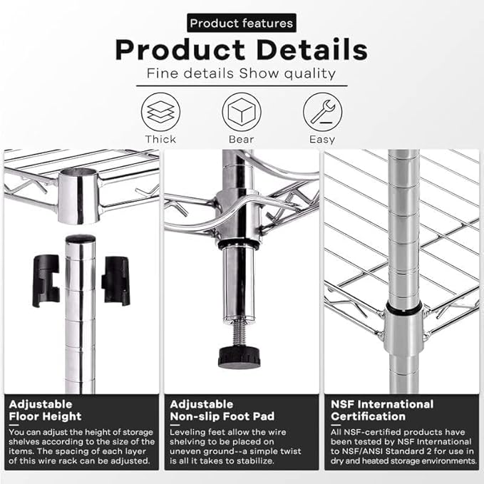 4-Tier Storage Shelves Adjustable,Wire Shelving Heavy Duty Storage Rack(250 Lbs Loading Capacity/Shelf) Metal Organizer Wire Rack Shelf for Pantry Garage Kitchen 36" D x14 W x 54" H -Chrome-NeatNest