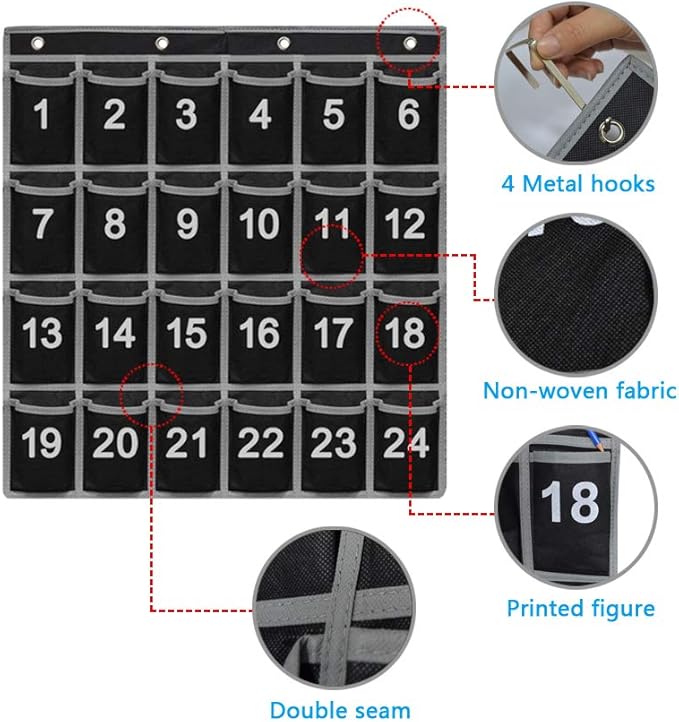 Godery Numbered Classroom Pocket Chart for Cell Phone, Hanging Wall Organizer & Pocket Chart Holder for Key, ID Cards, Pen and More (24 Pocket)-NeatNest