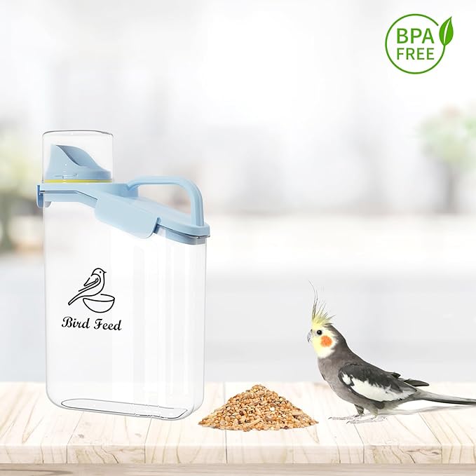 Bird Seed Storage Container,2.8L Airtight Bird Food Container with Handle and Measuring Cup,Portable Pet Food Container for Wild Bird Sunflower Seed-BPA Free Transparent/Blue-NeatNest