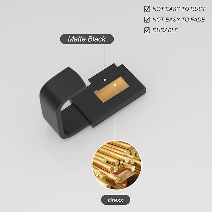 BESy Brass Clothes Hook Single Towel Hook for Bathroom Kitchen Garage Square Style Robe Hooks Coat Hooks Hat Hook, Self Adhesive with Glue or Wall Mounted with Screws, Four Packs, Matte Black-NeatNest