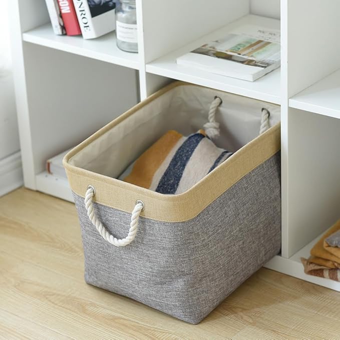 TheWarmHome Storage Basket for Organizing - Fabric Large Cubes 3 Pack 16x12x12 inch Baskets, Cube Storage Bin for Shelves Organizer Closet Cloth Gift Toy (Gold & Grey)-NeatNest
