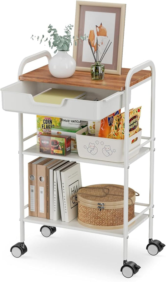 3 Tier Rolling Cart with Drawer, Metal Rolling Storage Cart with Table Top, Modern Utility Cart on Wheels Kitchen Cart Storage Organizer for Bathroom Office Living Room, White-NeatNest