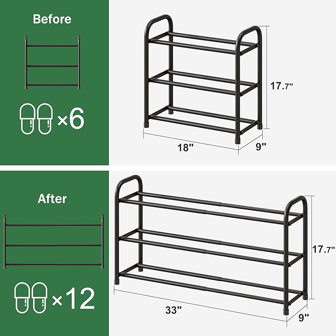 Shoe Rack for Closet, 3-Tier Expandable Shoe Organizer, Metal Adjustable Black Shoe Shelf Storage Organizer, Free Standing Shoe Rack for Entryway Closet Doorway-NeatNest