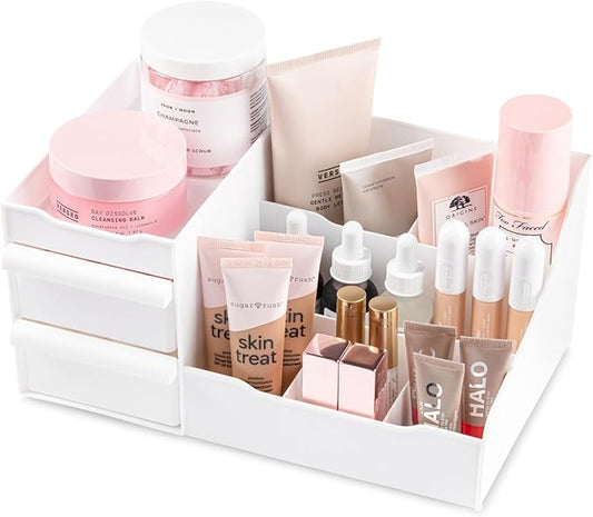 Mantello Makeup Organizer for Vanity - White Cosmetics Organizer with Multiple Compartments for Makeup and Toiletries-NeatNest
