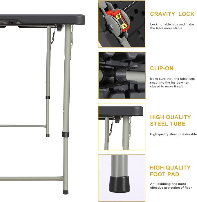 Folding Table 4 Foot Height Adjustable Fold-in-Half Table with Carrying Handle, Small Card Table Indoor Outdoor Use, Black-NeatNest