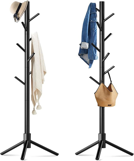 2 Pack Coat Rack, Solid Wood Coat Rack Freestanding with 8 Hooks & 3 Adjustable Heights, Simple Assembly Coat Tree for Hats, Bags, Wooden Coat Hanger Stand for Bedroom, Entryway, Office-NeatNest
